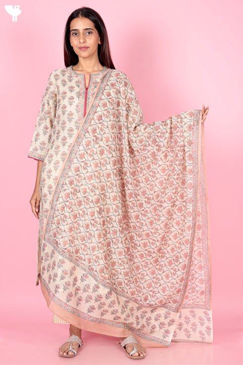 Chanderi Silk Kurta And Pant Set With Dupatta Block Print